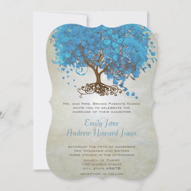 Invitation Mariage de Leaf Tree Light Ocean Blue Heart (Devant)