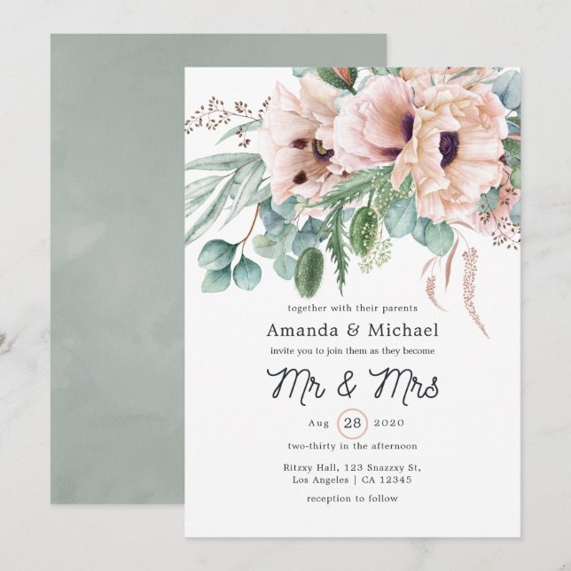Invitation Mariage de l'eucalyptus rose bohème (Devant / Derrière)