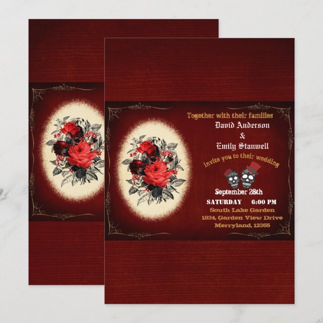 Invitation Mariage de l'Halloween gothique du crâne rouge san (Devant / Derrière)