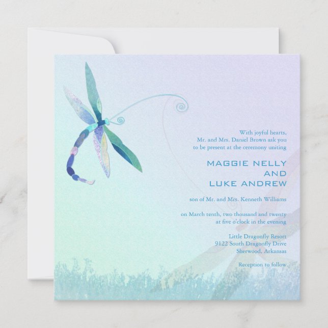 Invitation Mariage de libellules bleues du matin brumeux (Devant)