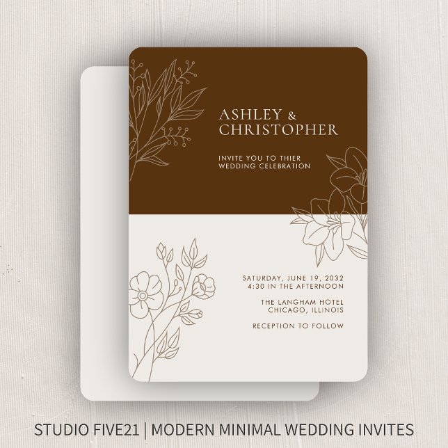 Invitation Mariage de ligne Brown de feuillage minimal en noi (Créateur téléchargé)