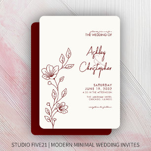 Invitation Mariage de ligne moderne Crimson Red Foliing