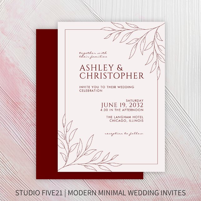 Invitation Mariage de ligne moderne Crimson Red Foliing (Créateur téléchargé)