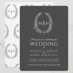 Invitation Mariage de ligne ovale feuille gris foncé et blanc