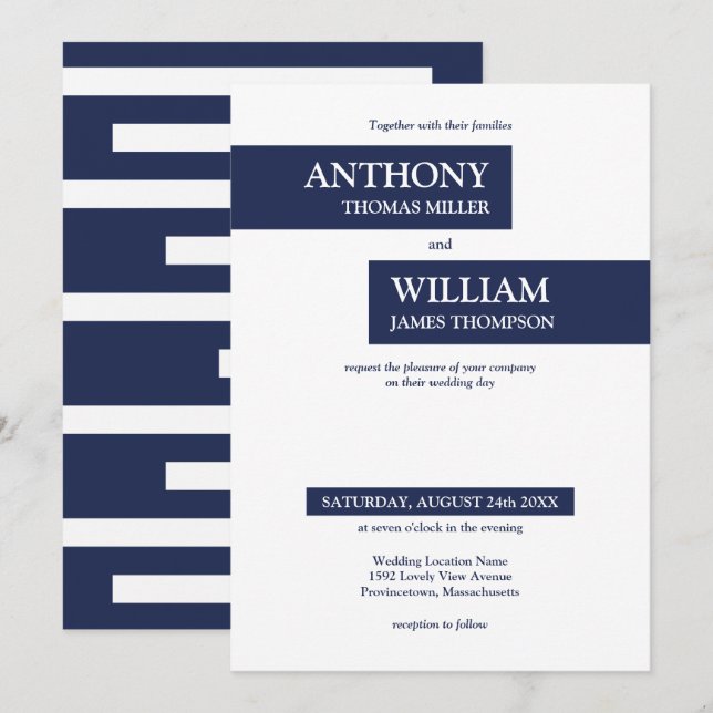 Invitation Mariage de lignes géométriques bleu et blanc de la (Devant / Derrière)