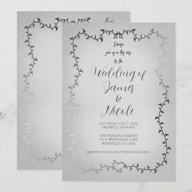 Invitation Mariage de livre de contes Feuille blanc d'argent (Devant / Derrière)