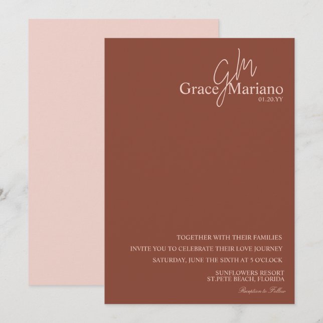 Invitation Mariage de logo de script rose Brown monogramme (Devant / Derrière)