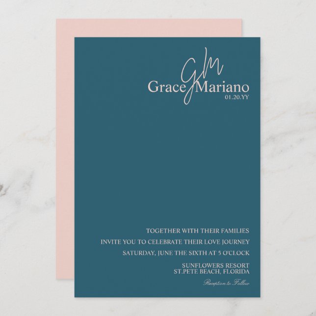 Invitation Mariage de logo Monogramme bleu rose (Devant / Derrière)