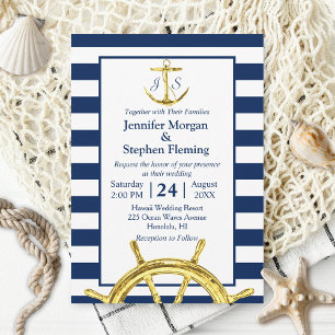Invitation Mariage de l'or nautique et de la marine Blue Stri