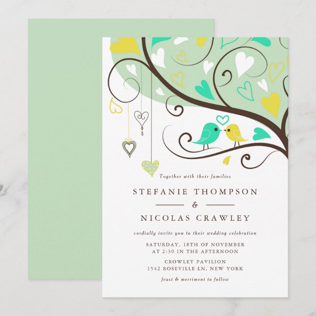 Invitation Mariage de Lovebirds d'Aqua et de Jaune Whimsical (Devant / Derrière)