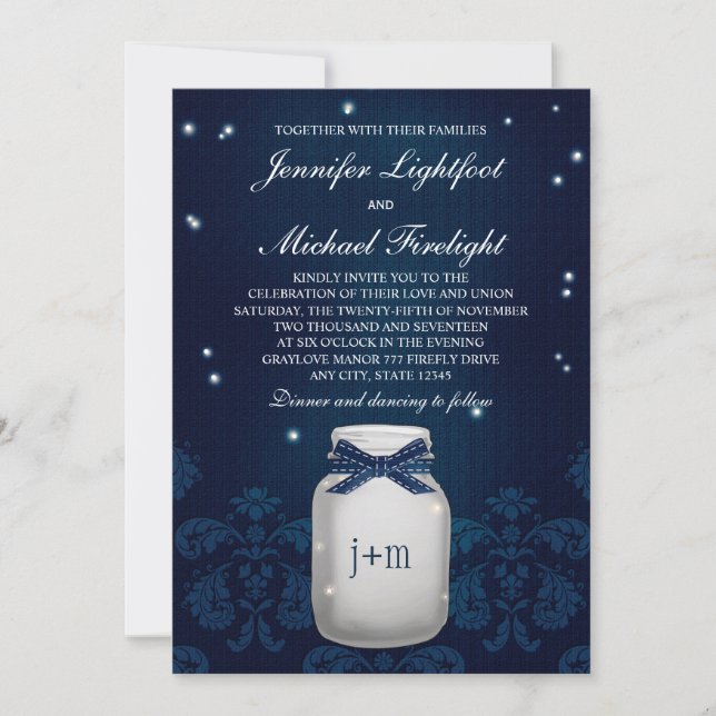 Invitation Mariage de lucioles de la marine Blue Mason Jar (Devant)