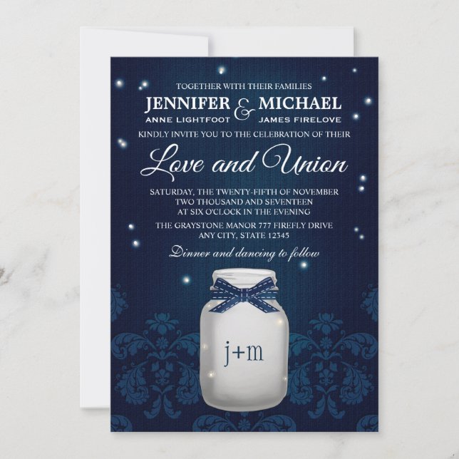Invitation Mariage de lucioles de la marine Blue Mason Jar (Devant)