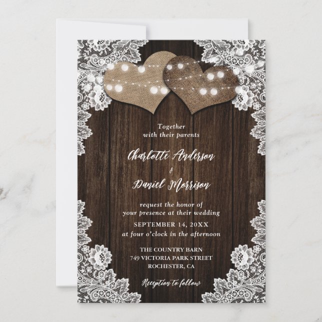 Invitation Mariage de luminaires à boucle de bois rustique et (Devant)