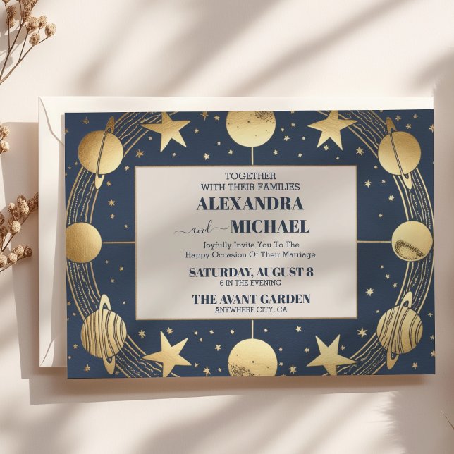 Invitation Mariage de lune Crescent or de la Marine céleste (Créateur téléchargé)