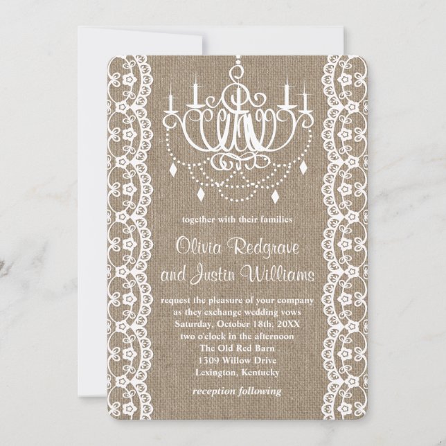 Invitation Mariage de lustre de Burlap et de dentelle rustiqu (Devant)