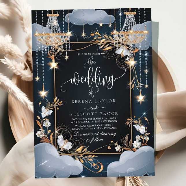 Invitation Mariage de lustre en or Chic Navy (Créateur téléchargé)