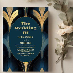 Invitation Mariage de luxe Art déco bleu et or