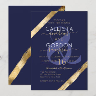 Invitation Mariage de luxe Artsy Navy Blue Gold Brushstrokies