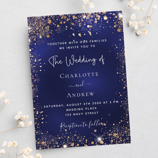 Invitation Mariage de luxe parties scintillant en or bleu mar (Créateur téléchargé)