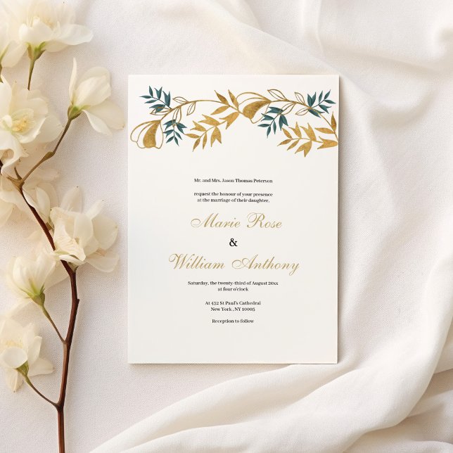 Invitation Mariage de luxueux cyan gris or blanc (Luxury white gold grayish cyan foliage Wedding)