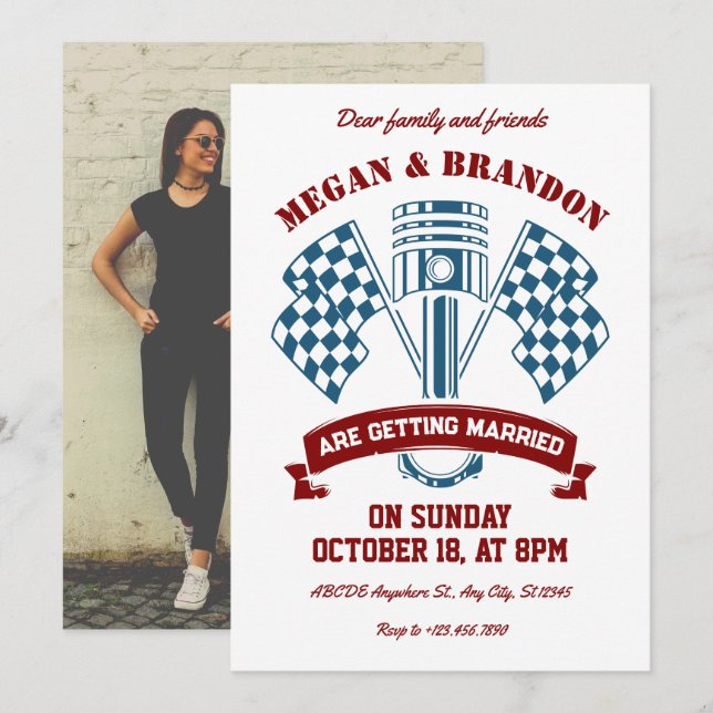 Invitation Mariage de machine de course de moto rétro (Devant / Derrière)