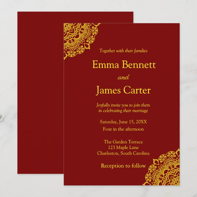 Invitation mariage de mandala d'or (Devant / Derrière)