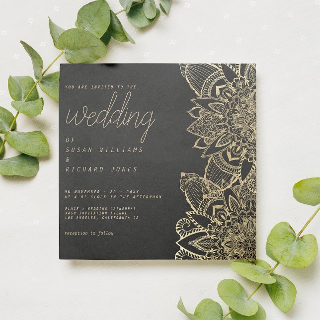 Invitation Mariage de mandala floral en or noir de luxe (Luxury black gold script floral mandala wedding)