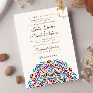 Invitation Mariage de mandala floral fantaisiste bleu magenta