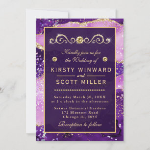 Invitation Mariage de marbre d'agate violet et or pailleté