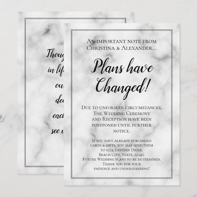 Invitation Mariage de marbre reporté Annulation du report (Devant / Derrière)