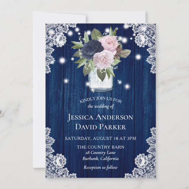 Invitation Mariage de marine Blue Blush Pink Lace Mason Jar (Devant)
