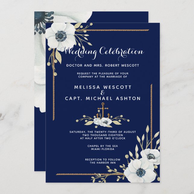 Invitation Mariage de marine nautique de l'anémone blanc (Devant / Derrière)