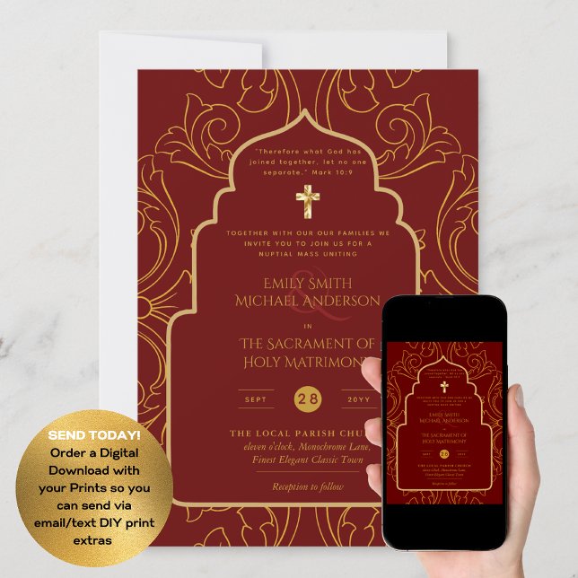 Invitation Mariage de masse catholique de l'or de Bourgogne (Créateur téléchargé)