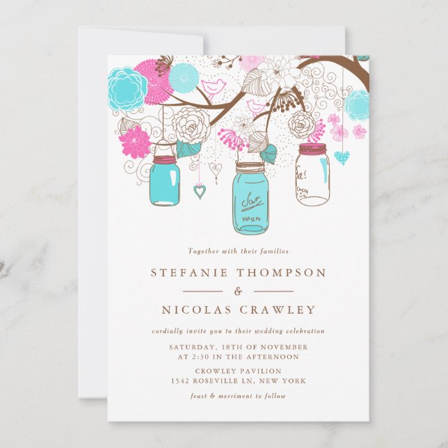 Invitation Mariage de mâts Aqua et Pink Hanging (Devant)