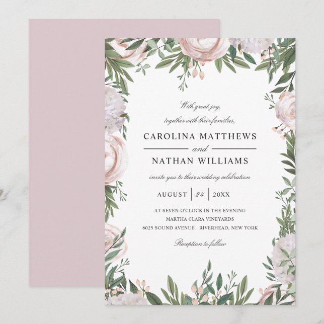 Invitation Mariage de Mauve-Lumière Élégante au cadre floral  (Devant / Derrière)