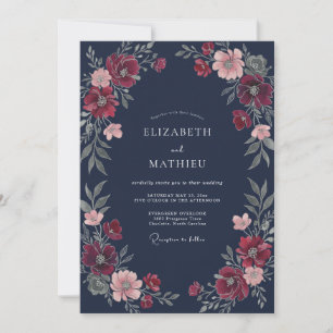 Invitation Mariage de minuit aux fleurs sauvages cramoisies