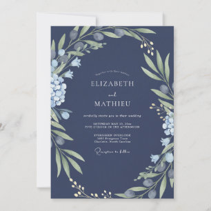 Invitation Mariage de minuit azur feuillage sage