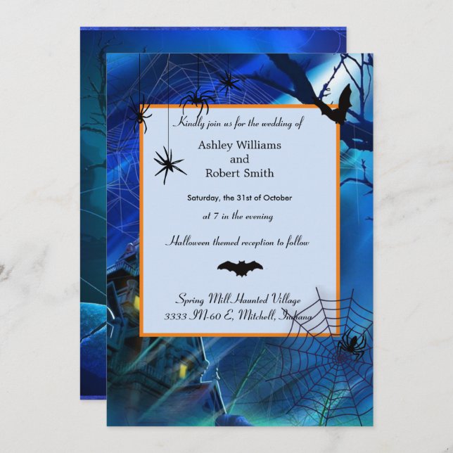 Invitation Mariage de minuit bleu plat Halloween (Devant / Derrière)