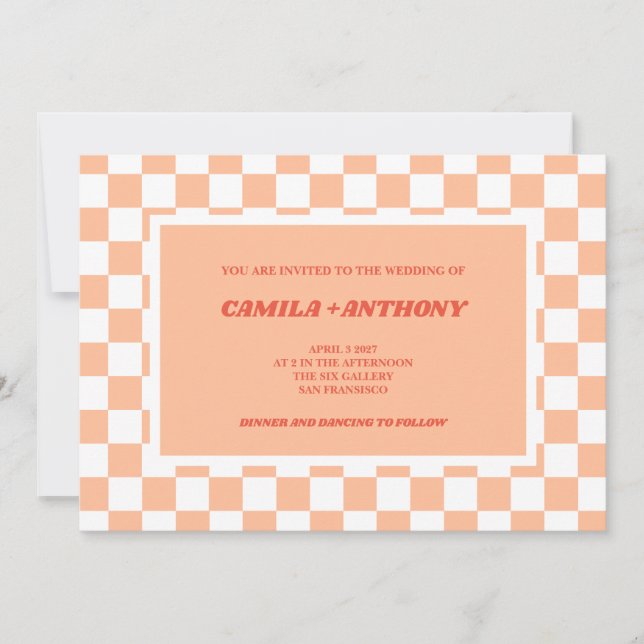 Invitation Mariage de modèle de Gingham rouge Peach Fuzz (Devant)