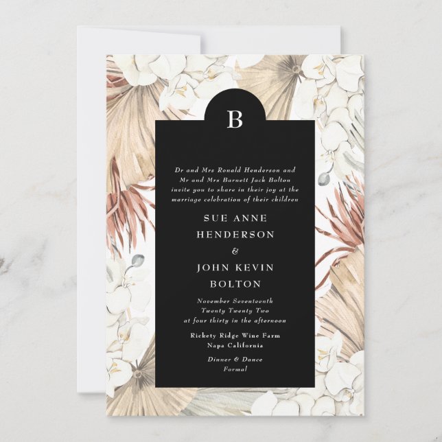 Invitation Mariage de monogramme à la frontière noire Pampas  (Devant)