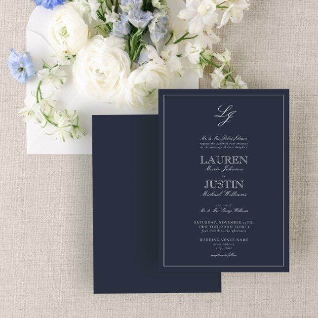 Invitation Mariage de monogramme bleu de la marine classique (Créateur téléchargé)