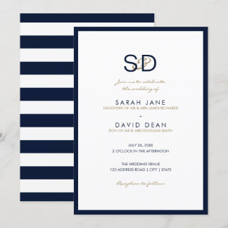 Invitation Mariage de monogramme bleu et blanc de la marine