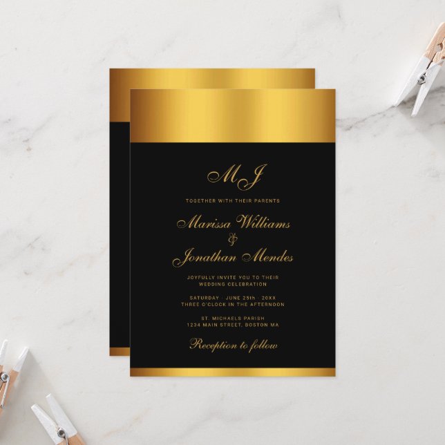 Invitation Mariage de Monogramme Bordure Noir de luxe (Devant/Arrière en situation)