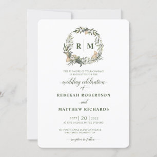 Invitation Mariage de monogramme botanique blanc