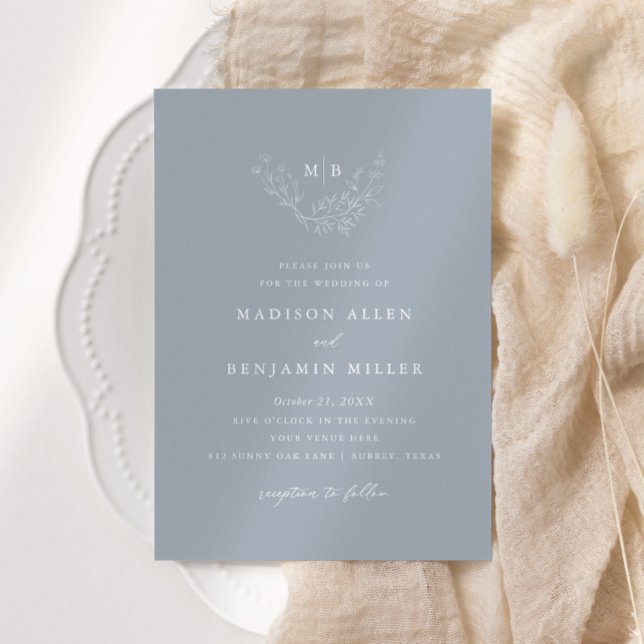 Invitation Mariage de monogramme botanique bleu poussiéreux m (Créateur téléchargé)