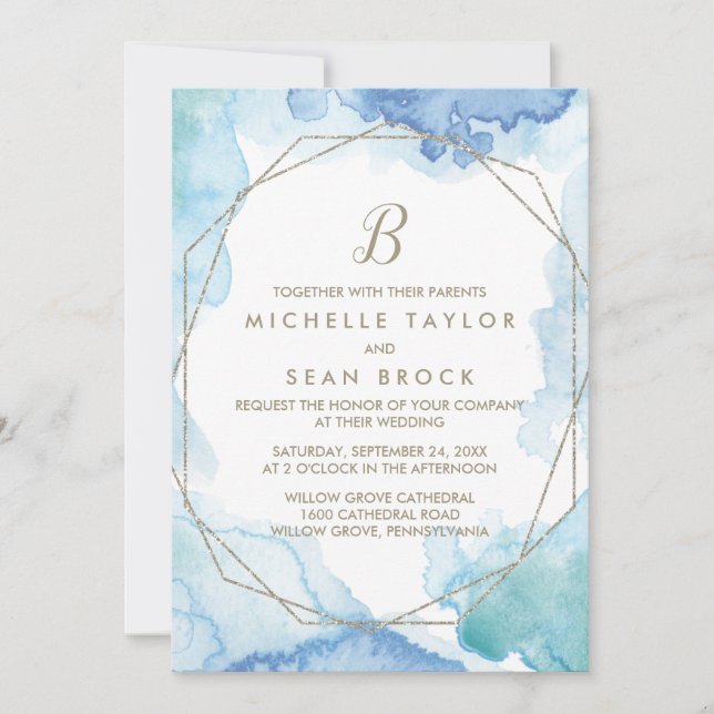 Invitation Mariage de monogramme d'aquarelle géométrique (Devant)