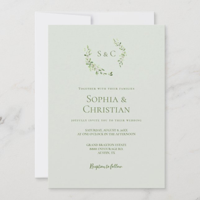 Invitation Mariage de monogramme d'aquarelle verte (Devant)