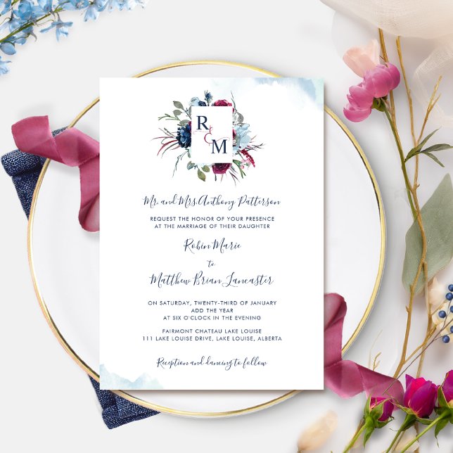 Invitation Mariage de monogramme de baies, de Bourgogne et de (Créateur téléchargé)