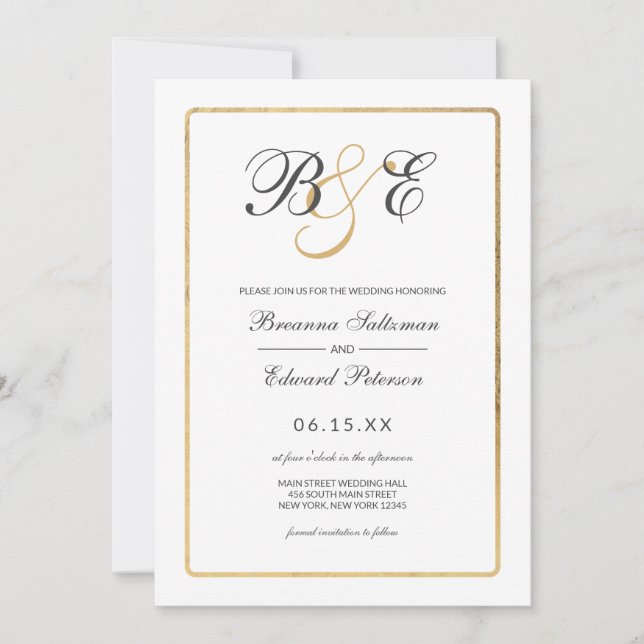 Invitation Mariage de monogramme de bordure en or blanc simpl (Devant)