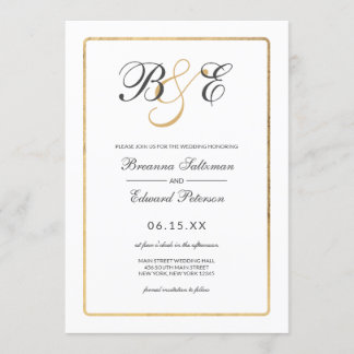 Invitation Mariage de monogramme de bordure en or blanc simpl